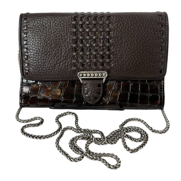 Brighton Handbags - Brighton Brown Leather Croc Embossed Crossbody Silver Chain Strap Floral EUC